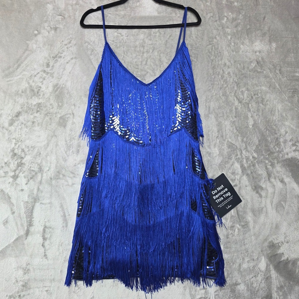 Lulus Royal Blue Sequin Fringe Mini Dress XL Sleeveless V-Neck Party NWT